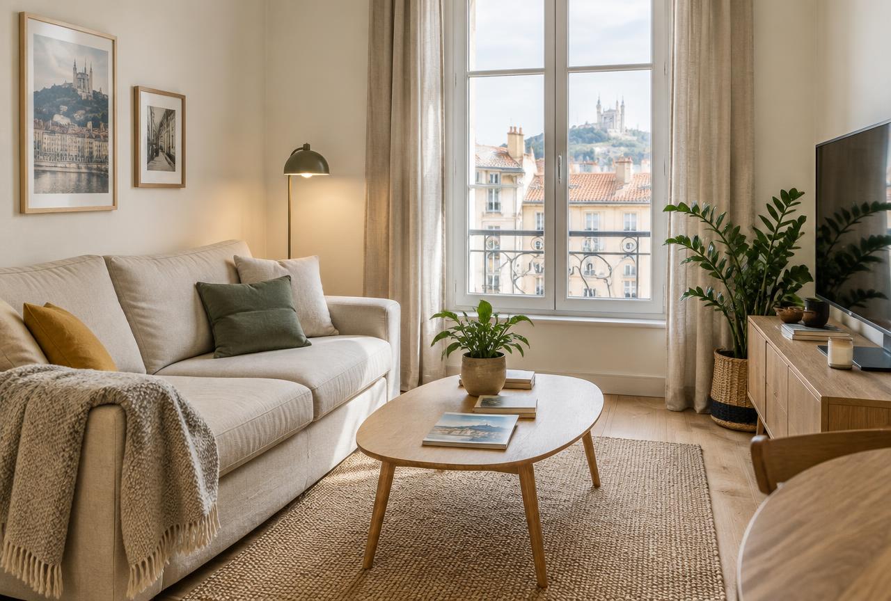 Séjour lumineux préparé pour la location courte durée à Lyon
